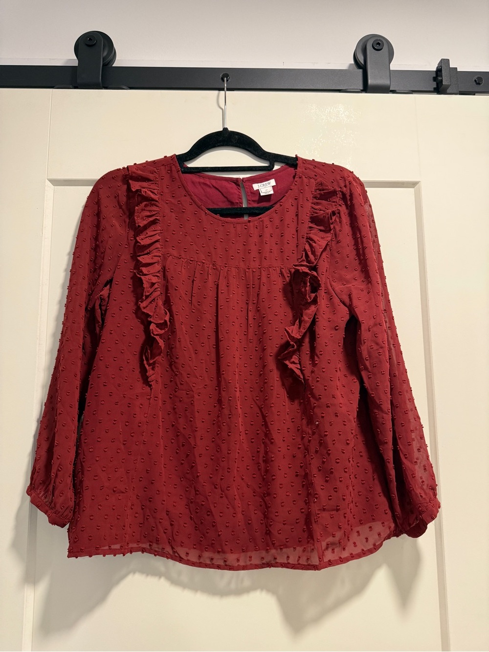 J. Crew Wine Red Ruffle Swiss Dot Blouse